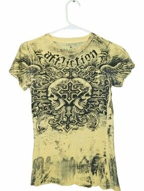 Vintage Y2K Early 2000s Affliction Skulls, Angel Wings And Cross Shirt